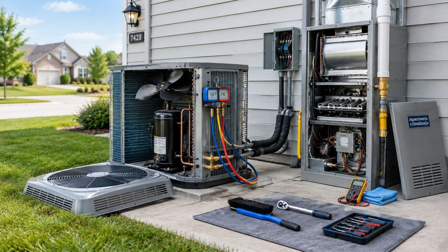 HVAC technician servicing an outdoor AC condenser and gas furnace at a home on Cape Cod, Massachusetts